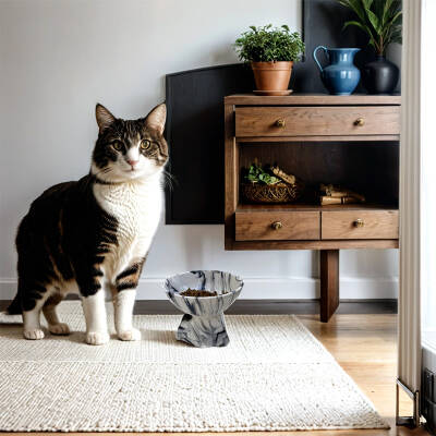 Theebby Ayaklı Seramik Evcil Hayvan Mama / Su Kabı Beyaz-Siyah - 2